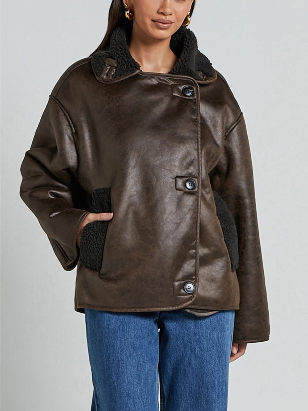 NWT Pink Diamond Dark Brown Faux Leather Shearling-Trim Jacket